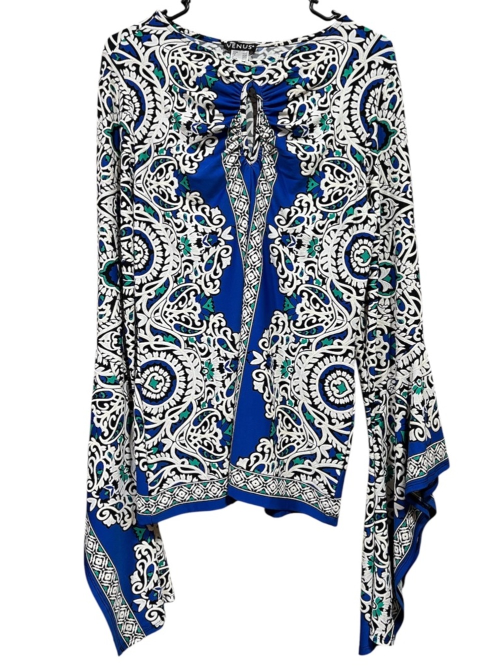 VENUS Blue, White & Teal Printed Bell Sleeve Tunic Blouse Keyhole Size Large